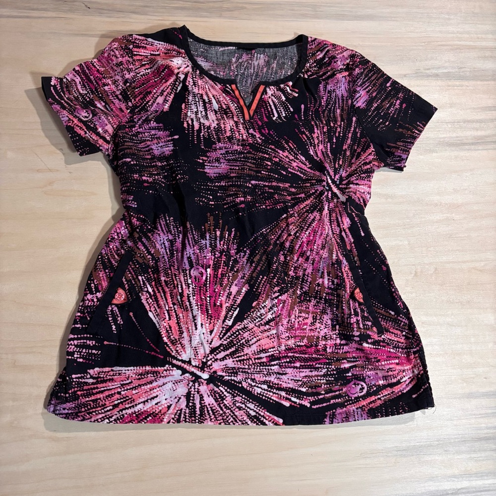 Ecko Red Black and Pink Starburst Butterfly Scrub Top